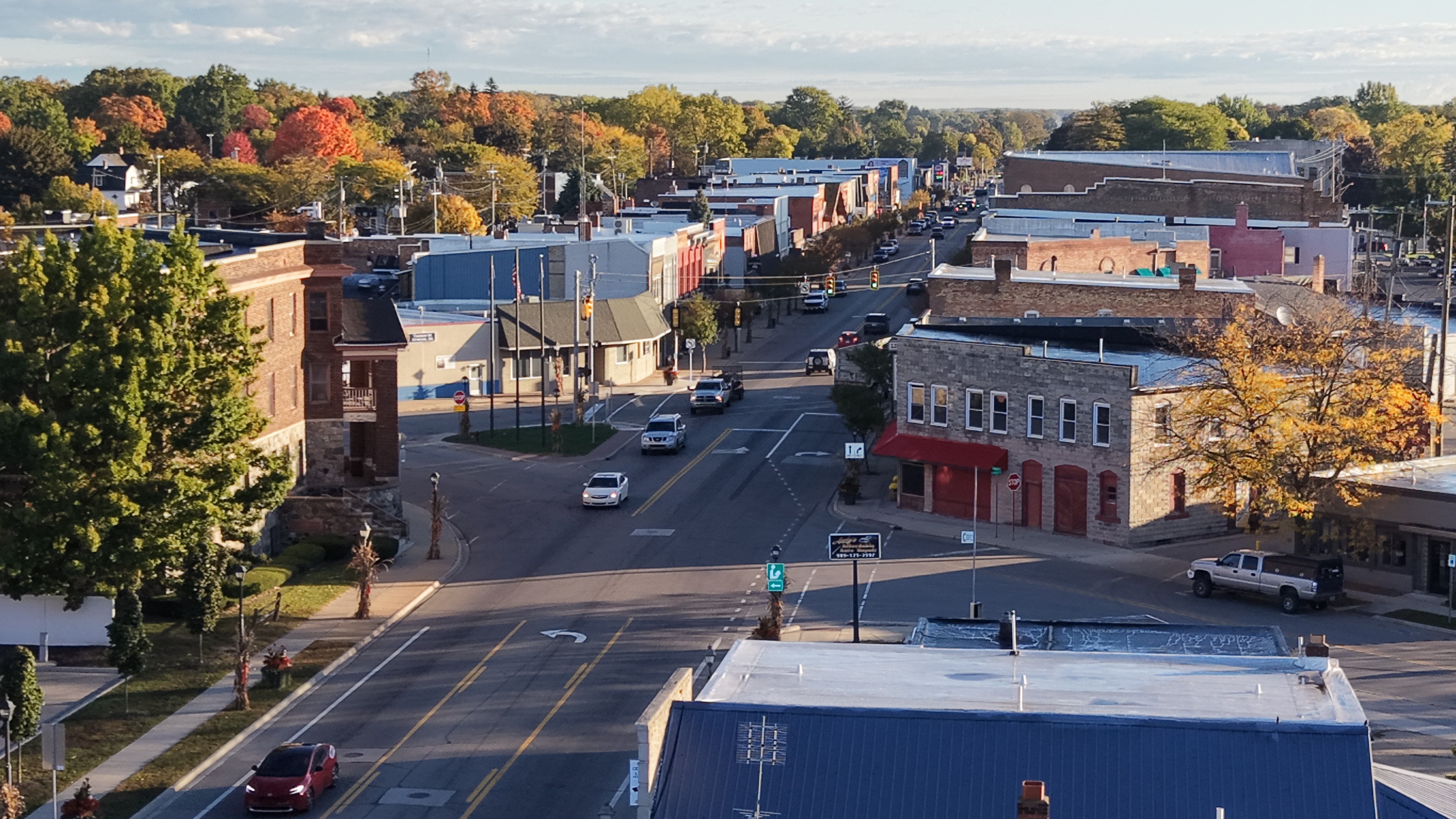 Downtown Caro, Michigan — night aerial view