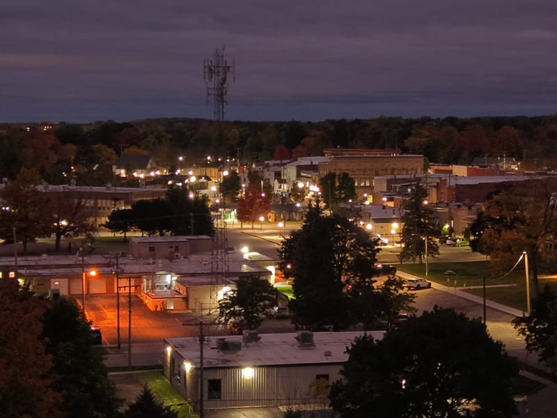 Night aerial view of downtown Caro, Michigan